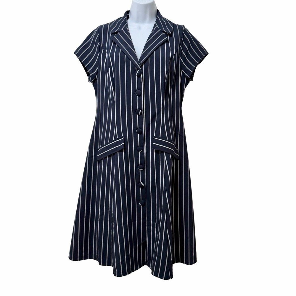 White House Black Market Pinstripe Button Knee Length Shirt Dress Size M Navy